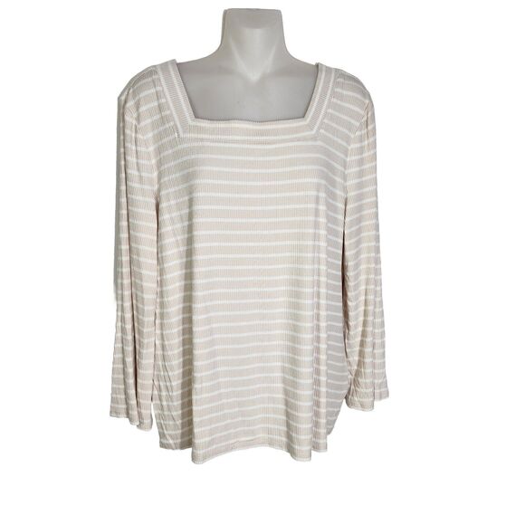 Chico's Womens Top Size 2 Large Beige White Striped Rib Knit Stretch Square Neck - Picture 1 of 9